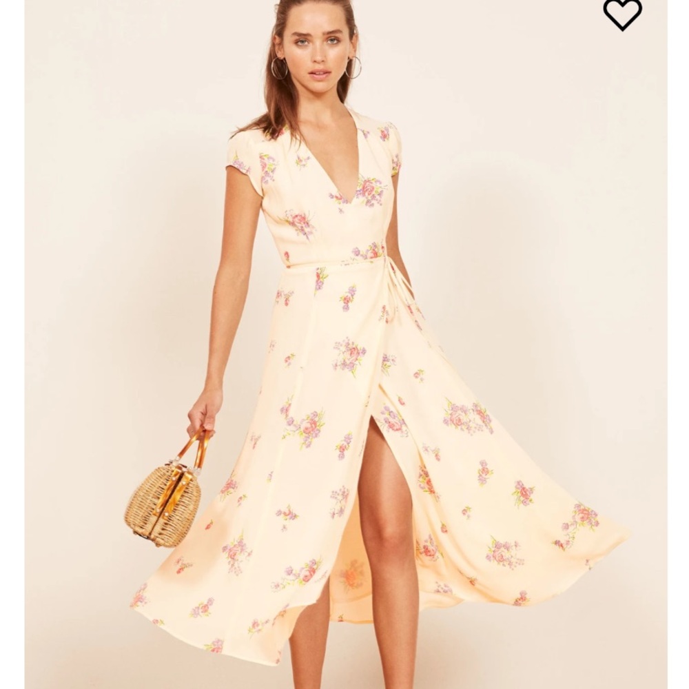Reformation Cream Pink Wrap Midi Dress with V-Neck